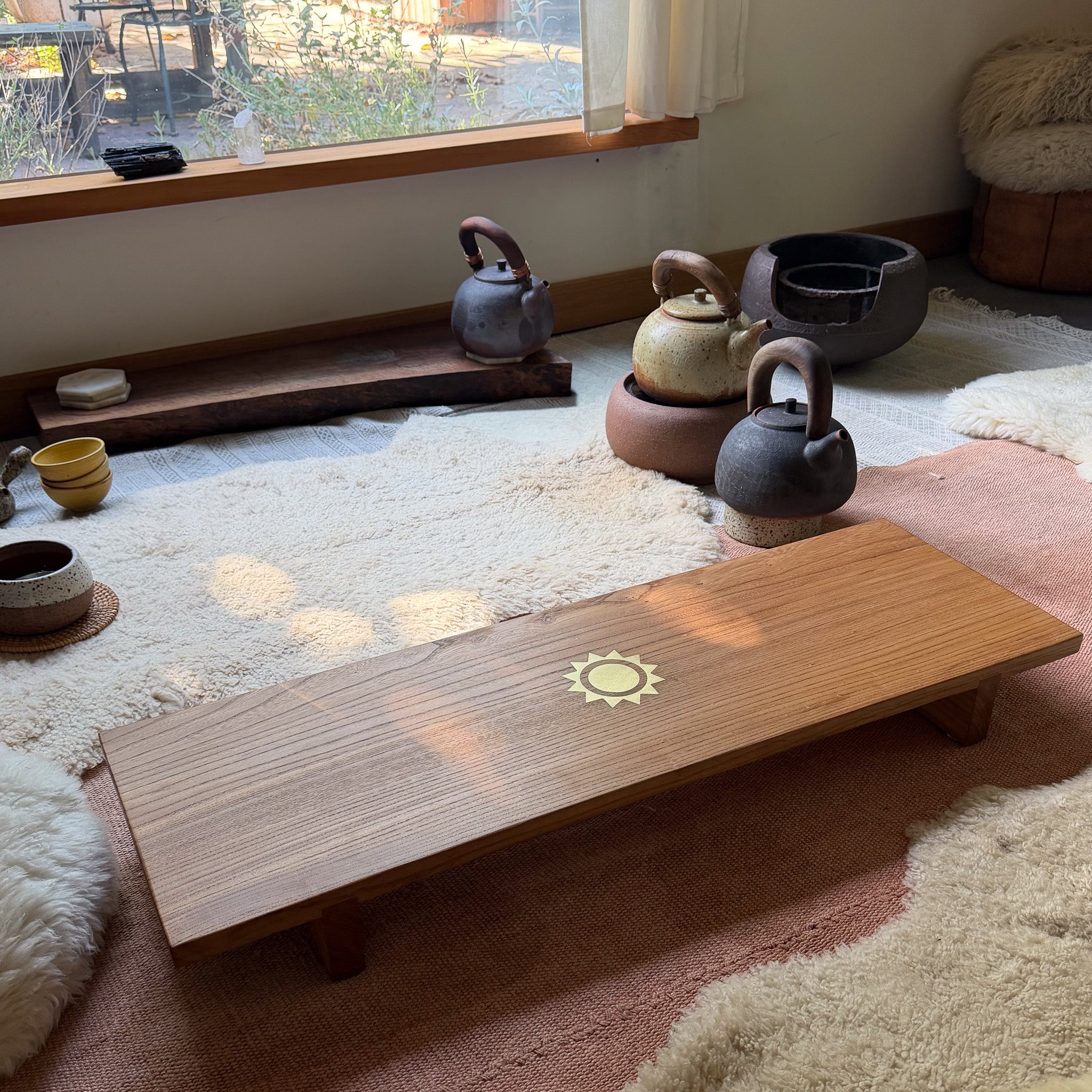 Elm Tea table with Sun inlay